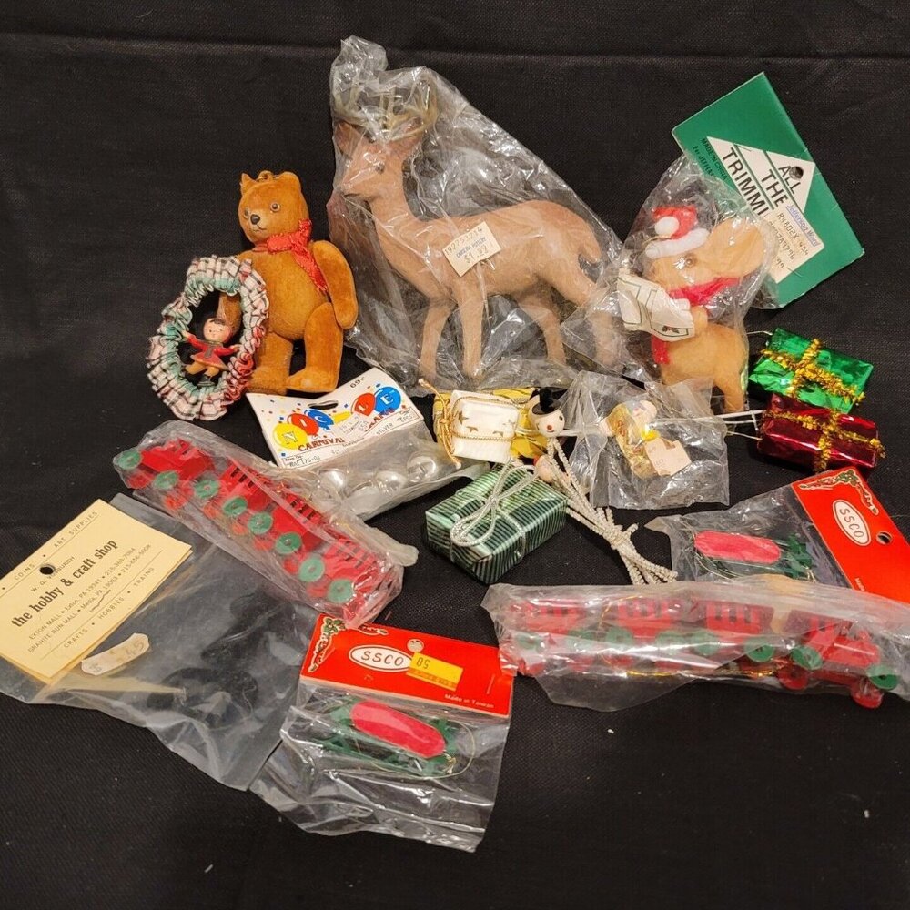 16 Vintage Christmas Ornaments Picks Blow Mold Flocked Deer Train Mixed LOT NOS